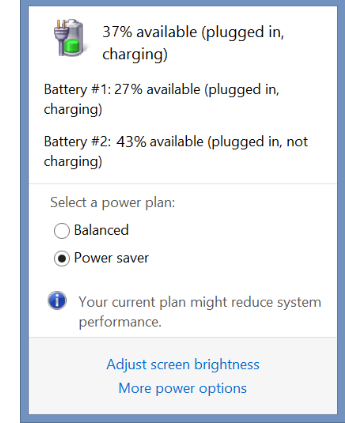 Tap or click the battery icon in the desktop tray to see the charge on each battery.